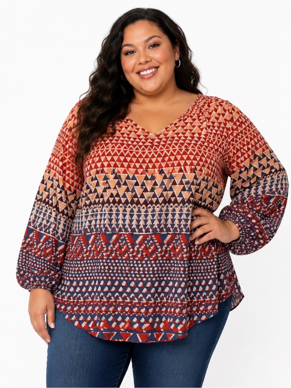 Lucky Brand Rust Multi Geometric V-Neck Tunic lightweight SZ 1XL balloon sleeve